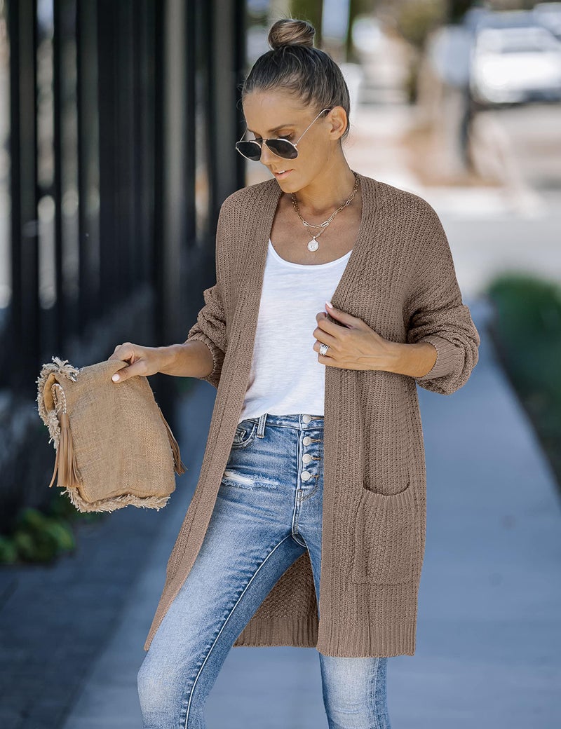 MEROKEETY Women's 2025 Fall Open Front Chunky Knit Sweater Oversized Lantern Sleeve Cardigan Outwear, Mocha, Medium - Image 3